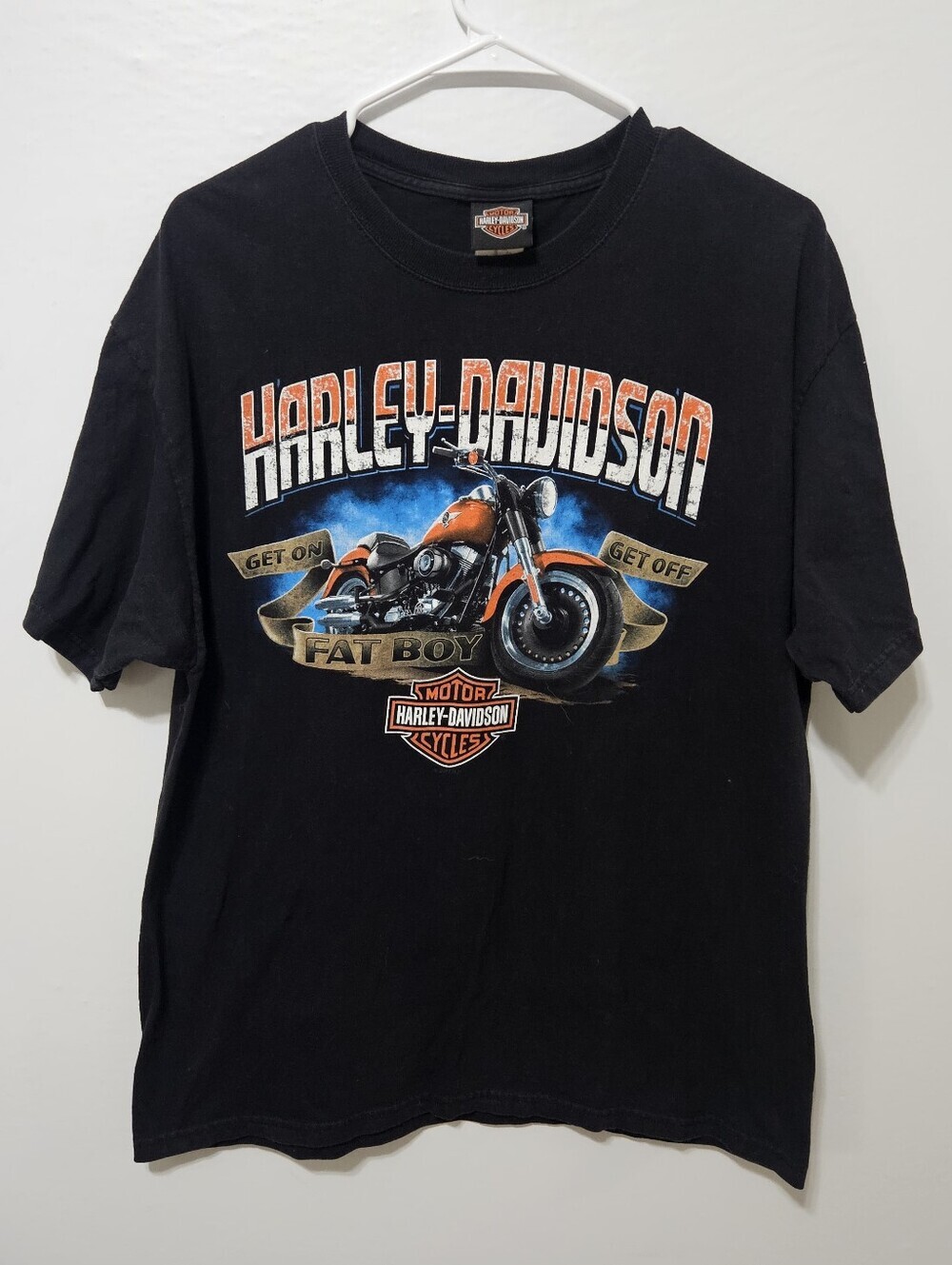 Harley Davidson Get On Fat Boy Get Off Black Shirt Large Tshirt B7